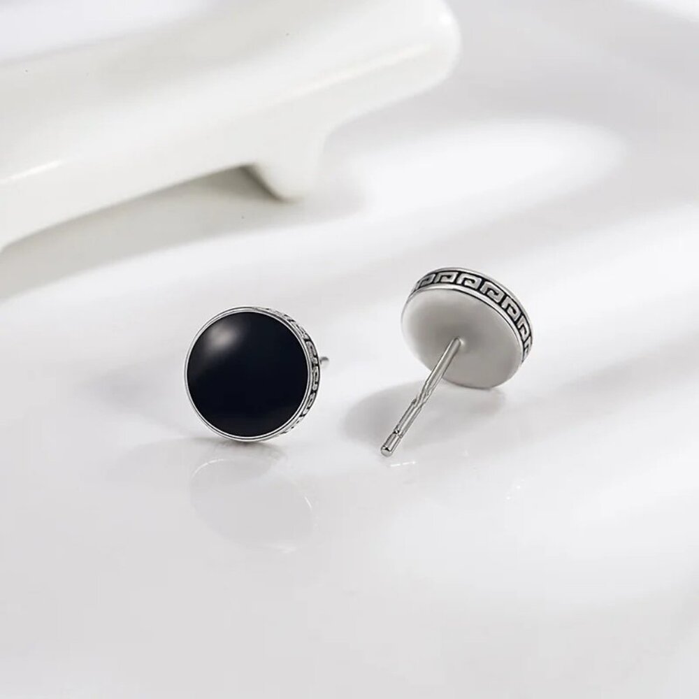 π 6mm Onyx Button Greek Style 18K White Gold Earring Studs π Hypoallergenic - Picture 5 of 8